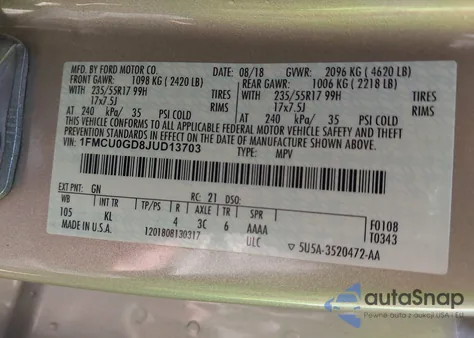 2018 Ford Escape Se из США, поврежденный, VIN 1FMCU0GD8JUD13703